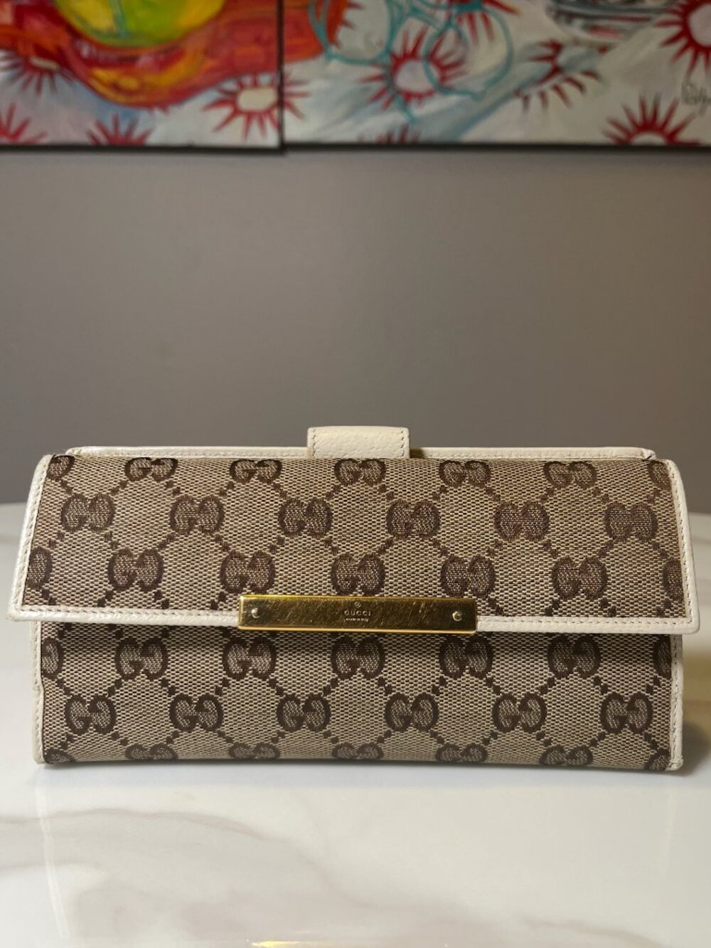 Gucci GG Canvas Continental Wallet Monogram Cream Leather Trim